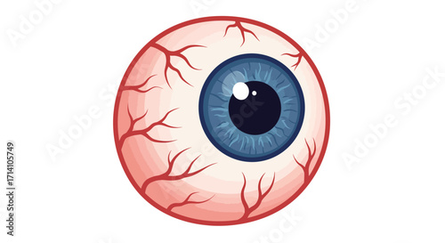 Illustration of a bloodshot eyeball with red veins and a blue iris against a white background
