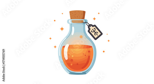 Orange potion in clear bottle with cork adorned with a tagged symbol and sparkles
