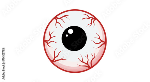 Red and white cartoon eyeball with visible blood vessels featuring a black pupil and a white reflection dot