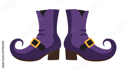Two purple witch boots with curled toes and gold buckles