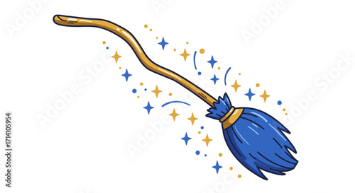Whimsical broom blue bristles gold accents stars and stylized motion lines float against a white background