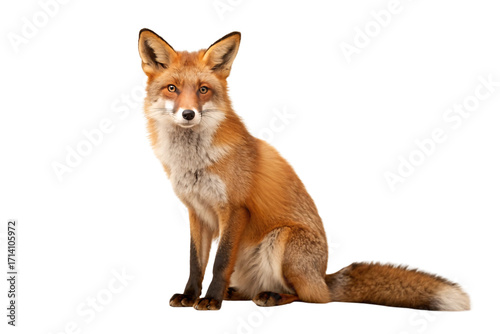 Beautiful red fox sitting with fluffy tail curled around body and intelligent amber eyes watching, isolated on a transparent background