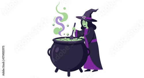Witch stirs bubbling cauldron emitting smoke She wears a hat and robe