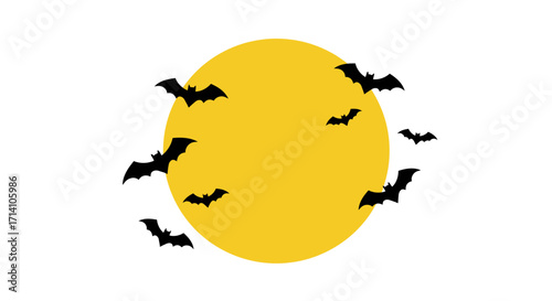Yellow moon with black bats flying around