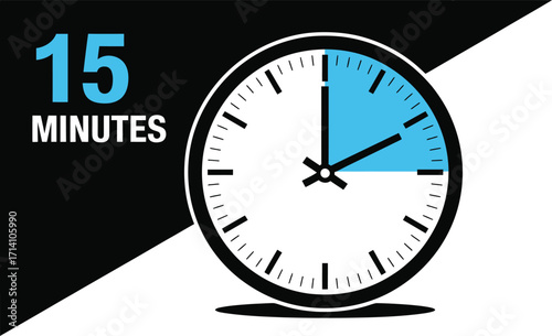 Illustration of a clock showing fifteen minutes on black white