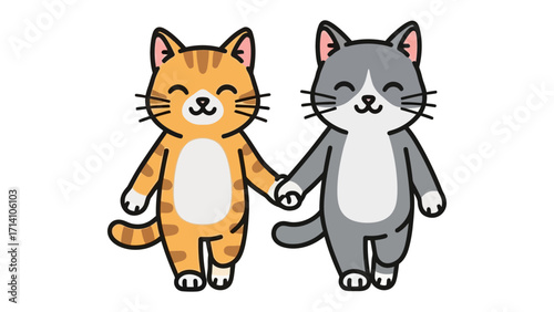 Cats' companionship in Harmony: In an embrace of companionship, two charming cats journey together. Their affectionate bond is illustrated with each held paw, painted with a clean, smooth style.
