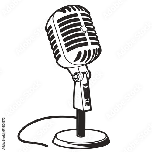 Vintage silver microphone on a stand with a cable on a white background illustration retro antique