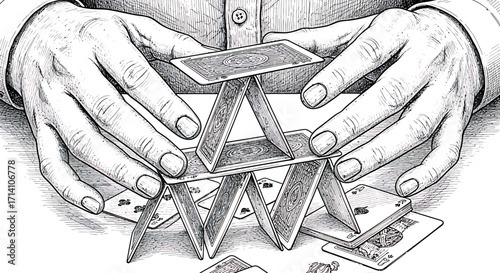 Precarious Balance: Hands Carefully Building a House of Cards Illustration