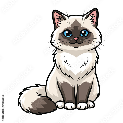 Charming Ragdoll Cat: A cute cartoon illustration of a Ragdoll cat with bright blue eyes, soft fur, and a sweet, welcoming expression, perfect for children's design.