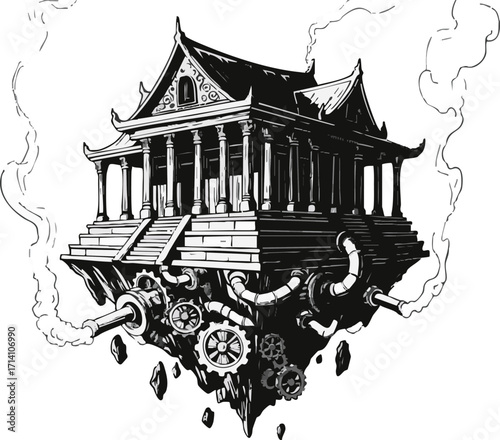 Steampunk-style Asian temple floating on mechanical contraptions.