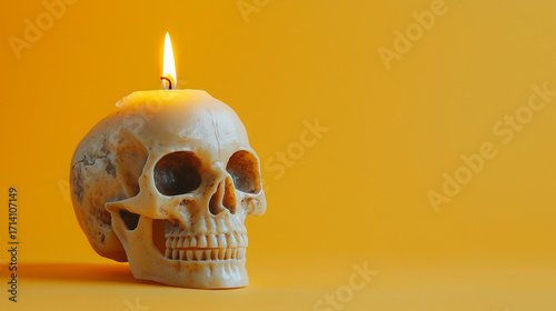 A skull with a candle on top on a yellow background, minimalist composition, space for text. Halloween concept.