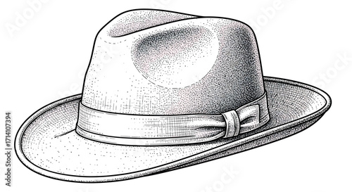 Vintage Fedora Hat Illustration - Classic Black and White Stipple Drawing