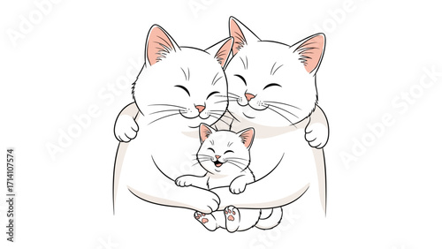 Family of Cats in Unity: A heartwarming illustration depicts a tender moment of a feline family embracing in a display of love and affection, each smiling contently. 