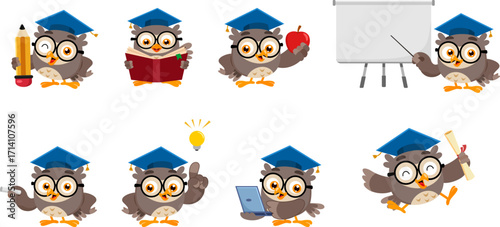 Cute Owl Teacher Cartoon Character  In Different Poses – Vector Flat Design Collection Set Isolated On Transparent Background