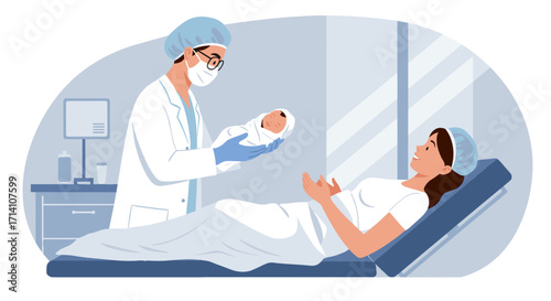 Doctor presenting newborn baby to mother in delivery room  