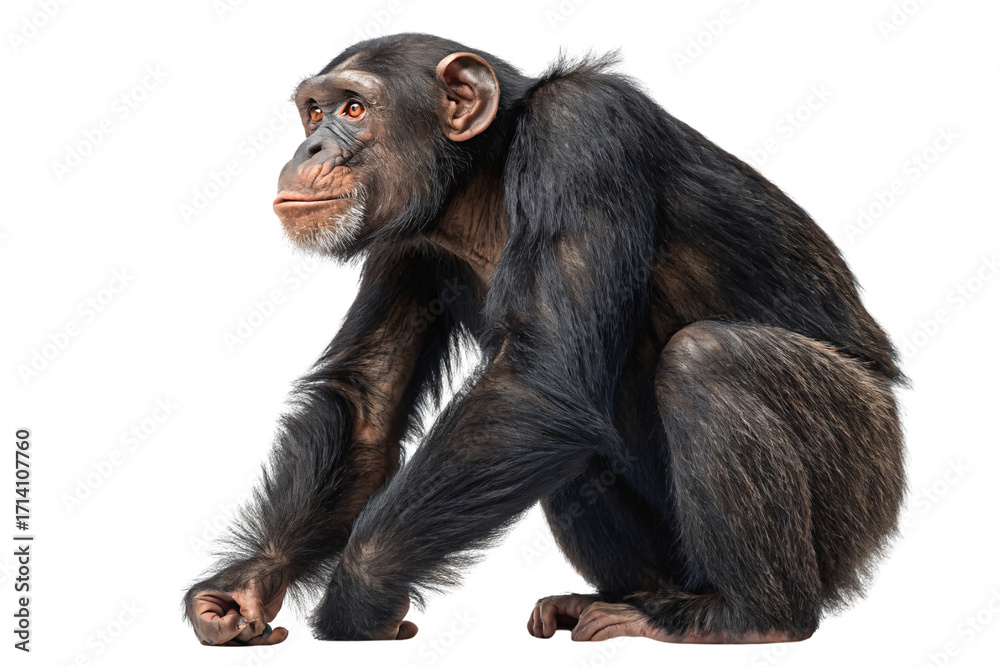 Fototapeta premium Adult chimpanzee sitting in contemplative pose with dark fur and expressive brown eyes, isolated on a transparent background