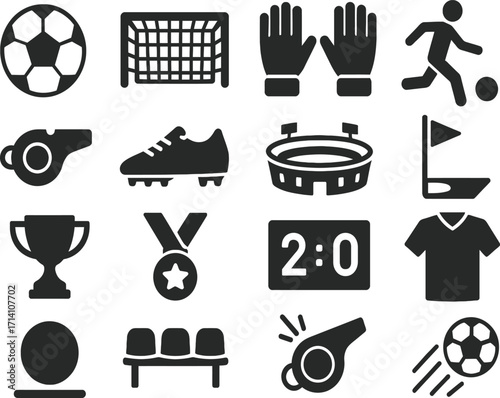 Football Soccer Solid Black Vector Icon Set Collection on White Background