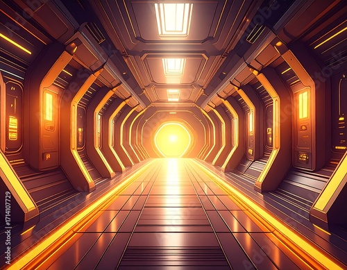 Futuristic corridor, bright golden light