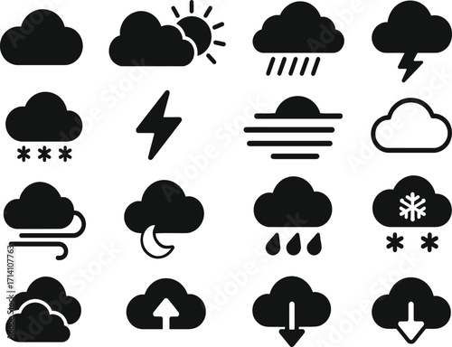 Cloud Weather Solid Black Vector Icon Set Collection on White Background