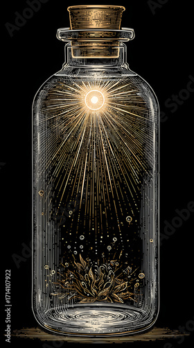 Line Art Capsule Bottle with Light Rays — Natural, Precise Vector Illustration