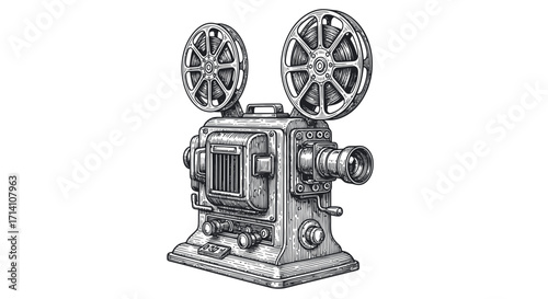Vintage Film Projector Line Art Illustration with Film Reels