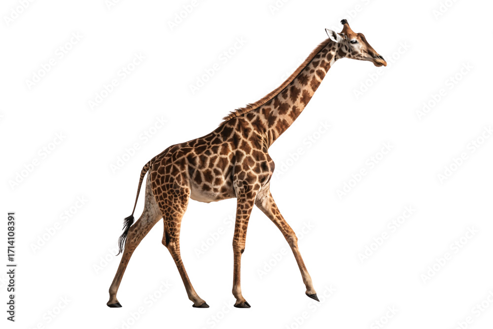 Naklejka premium Tall giraffe with distinctive spotted pattern walking with long neck extended and legs spread, isolated on a transparent background