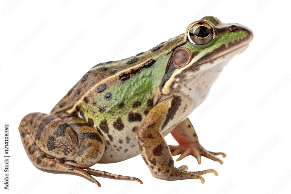 Fototapeta premium Green and brown spotted frog with prominent eyes in sitting position facing camera, isolated on a transparent background