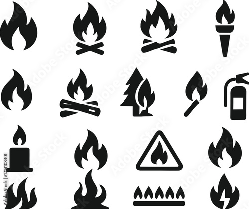 Fire Flame Solid Black Vector Icon Set Collection on White Background