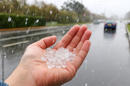Fototapeta Naklejka Na Ścianę i Meble -  Close-up of a person's hand holding hailstones during a stormy day, with a blurred wet road and cars in the background.