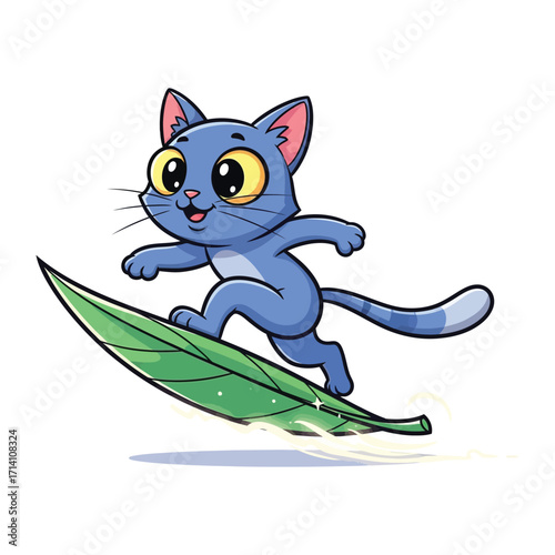 Cat Surfing on Leaf: A cartoon cat surfing gracefully on a vibrant green leaf against a pure backdrop, radiating playful energy and animated charm.