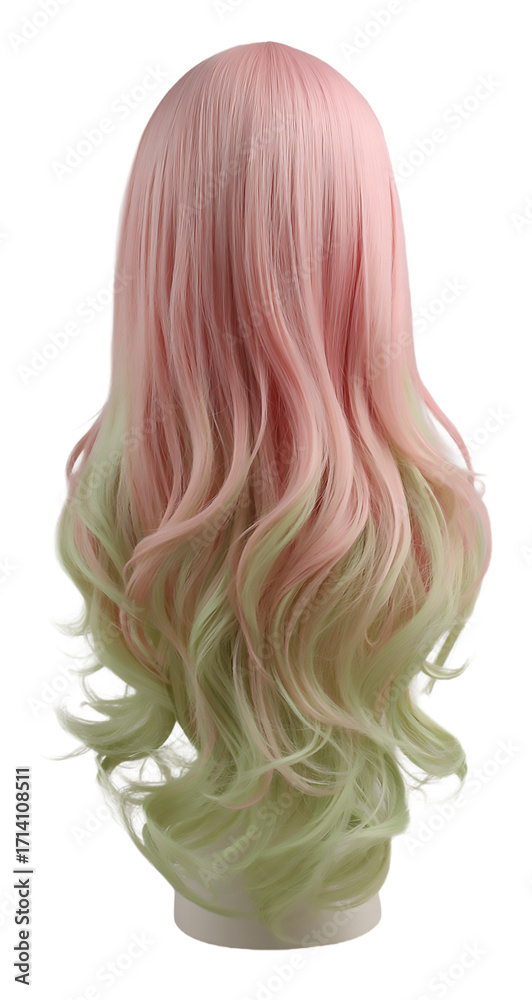 Naklejka premium Back view of a pink and green ombre long wavy synthetic hair wig isolated on transparent background