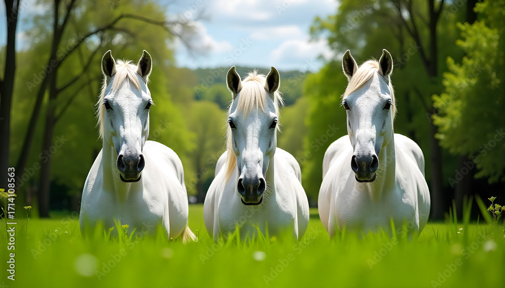 Obraz premium Three elegant white Lipizzaner horses standing on lush green grass,
