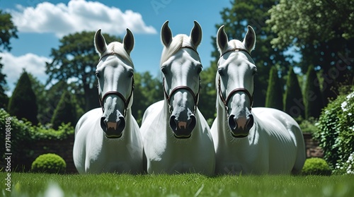 Three elegant white Lipizzaner horses standing on lush green grass,