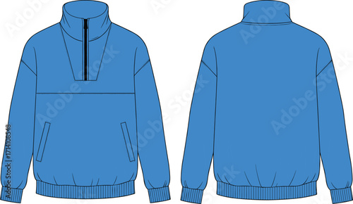 Print
A stylish blue anorak jacket with a half-zip closure and front pocket, perfect for outdoor activities and sports wear design.