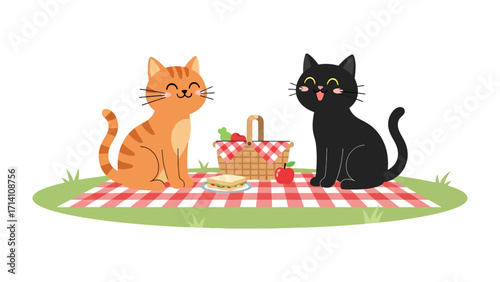 Picnic with Friends: A delightful scene unfolds as two charming cats enjoy a picnic, sharing food, friendship, and laughter on a cheerful day.