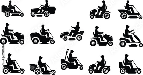 Silhouette collection of fifteen ride‑on lawn mower designs, vector illustration for landscaping, gardening, agricultural equipment, lawn care, and educational projects