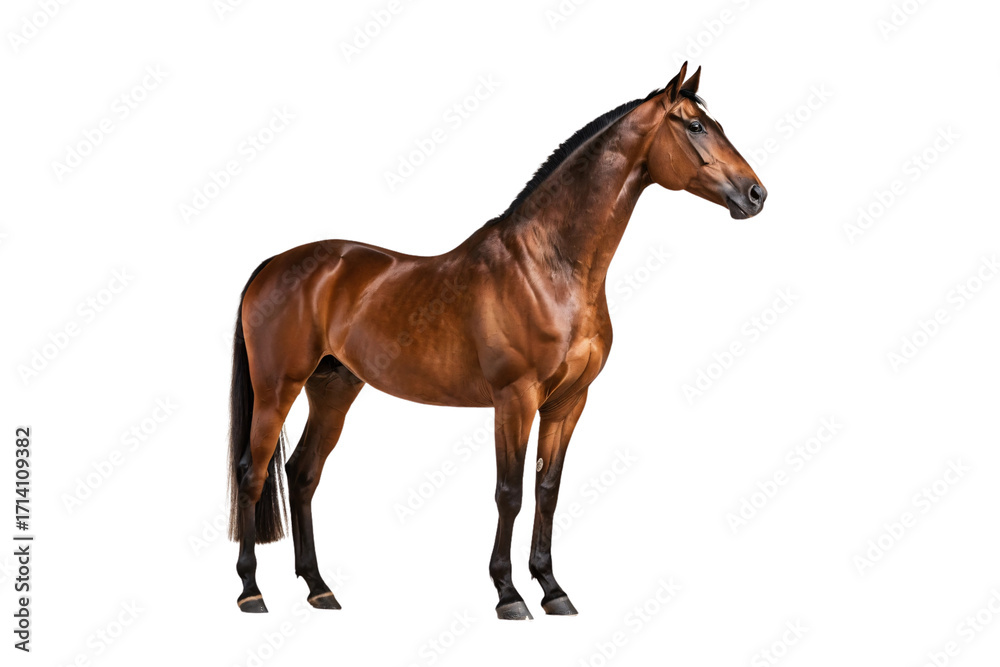 Obraz premium Chestnut brown horse without halter, black mane and tail, standing in three-quarter view pose, isolated on a transparent background