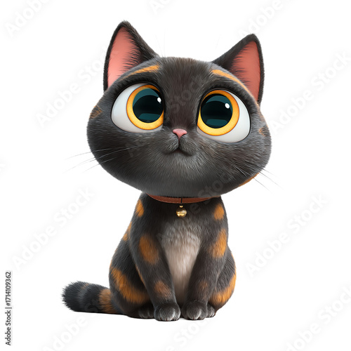 Animated cat with big eyes sitting down looking cute and adorable pet isolated on transparent background