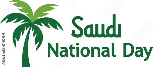 saudi National Day featuring a green palm tree, abstract geometric arabic patterns, and a bold text “Saudi National Day