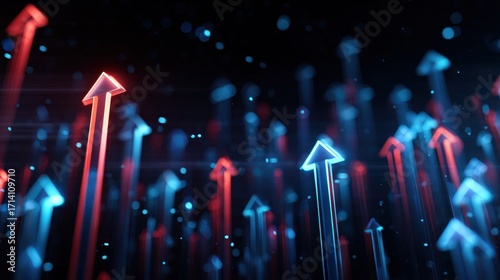 Arrows, glowing digital arrows pointing upward in futuristic neon background, symbol of growth and progress.