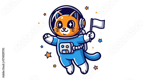 Cosmic Cat Explorer: A cheerful, cartoonish orange cat dons an astronaut's suit, floating amidst a galaxy of stars while holding a flag, embodying the spirit of exploration and adventure.