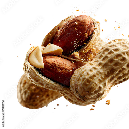 Exploding peanuts with shell fragments isolated on transparent background