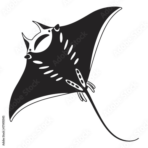 Black and white graphic of a manta ray with distinct white markings on a white background stingray