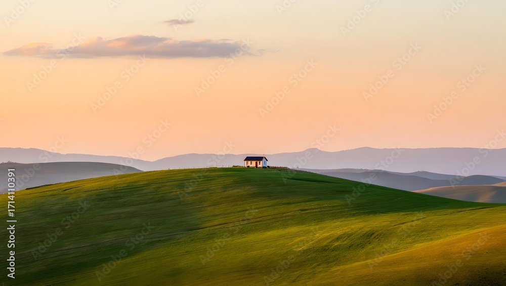 Obraz premium House on a hill at sunset with rolling green hills and a soft pastel sky above