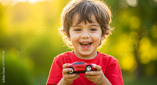 Happy child joyfully plays with red toy car outdoors bathed in warm sunlight. AI Generated