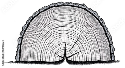 Detailed Hand-Drawn Tree Trunk Cross-Section with Annual Growth Rings and Bark