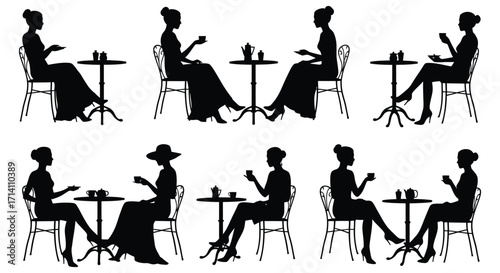 Silhouettes of women enjoying tea at small tables a classic scene