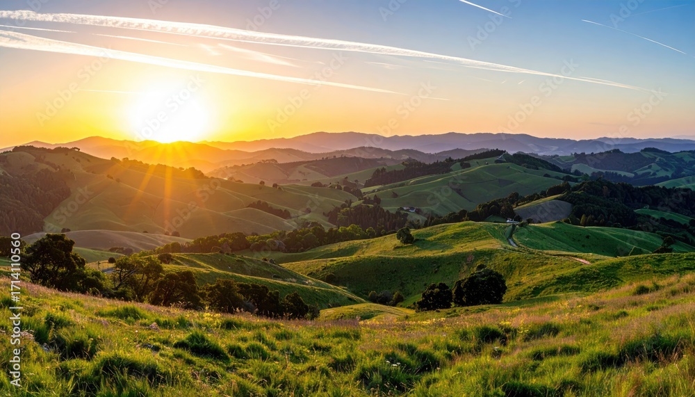 Naklejka premium Sunrise Over Rolling Green Hills