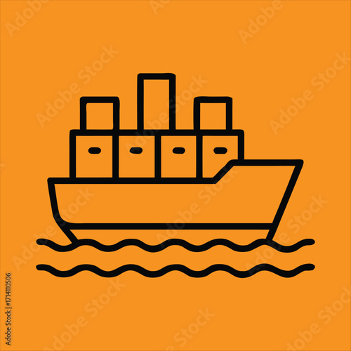 Flat Black Cargo Ship Icon on Orange Background