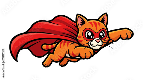 Superhero Cat in Flight: A vibrant and dynamic illustration of a heroic cat soaring through the air, embodying bravery and animated action.